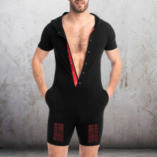 Mens Style Hooded Cardigan Pajamas Short-sleeved Suit Home Wear Casual One-piece