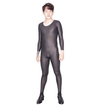 Men Jumpsuits PU Leather Round Neck Long Sleeve Bodysuit Sexy Front Crotch Hasp Gay Zipper Open At Back Crotch Shaping Leotard