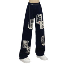 Grunge Punk Patchwork Jeans Women Hip Hop Streetwear Print Oversize Wide Leg Trousers 90s Vintage Pants