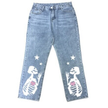 Gothic Jeans Womens High Waist Wide Leg Pants Skull Print High Street Loose Straight Denim Trouser