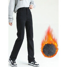 Women Solid Jeans Winter Warm Velvet Stretch Loose Straight Leg Denim High Waist Pants Female Mom Casual Streetwear Thick
