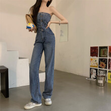 Spring Autumn Temperament Sexy Sleeveless Tube Denim Wide-leg Jumpsuits Women Streetwear