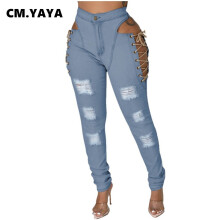 Women Jeans Ripped Cut Out Hollow Out Stretchy Pencil Denim Trousers Female Pants Streetwear Casual Bottoms Fall
