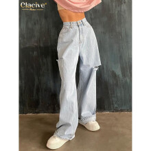 Loose Women Pants Office High Waist Wide Leg Jeans Vintage Hole Denim Trousers Female Clothing