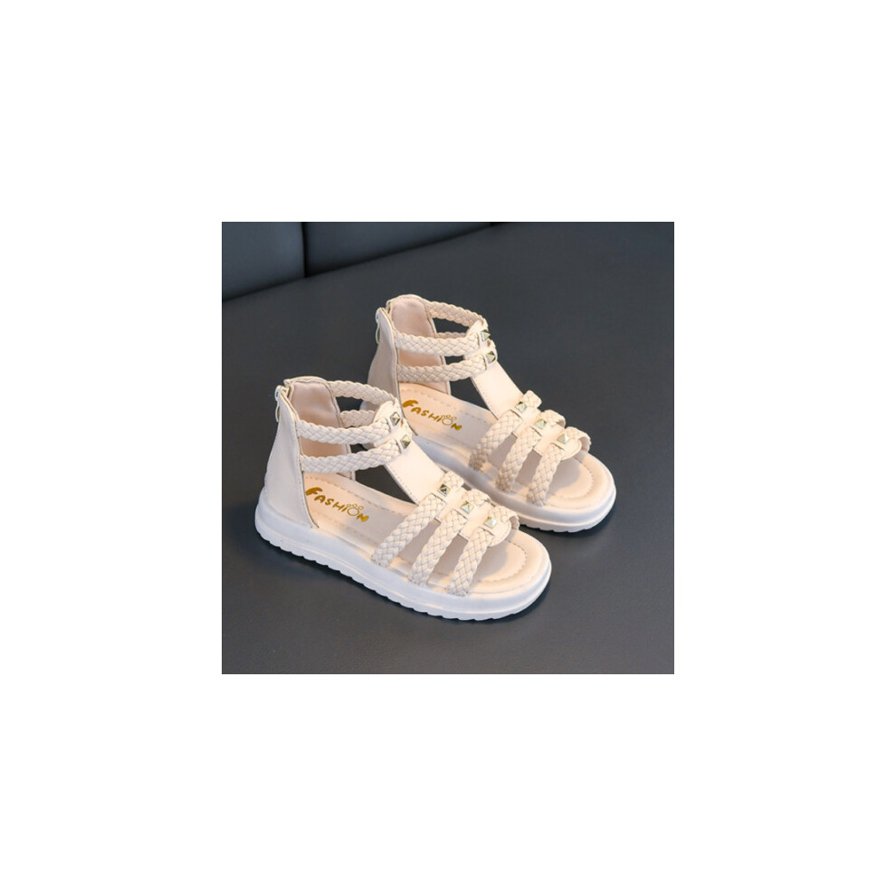 (Beige strappy, UK 13 Kids) Girls Roman Sandals Rivet Strappy Flats Kids Summer Holiday Beach Princess Shoes