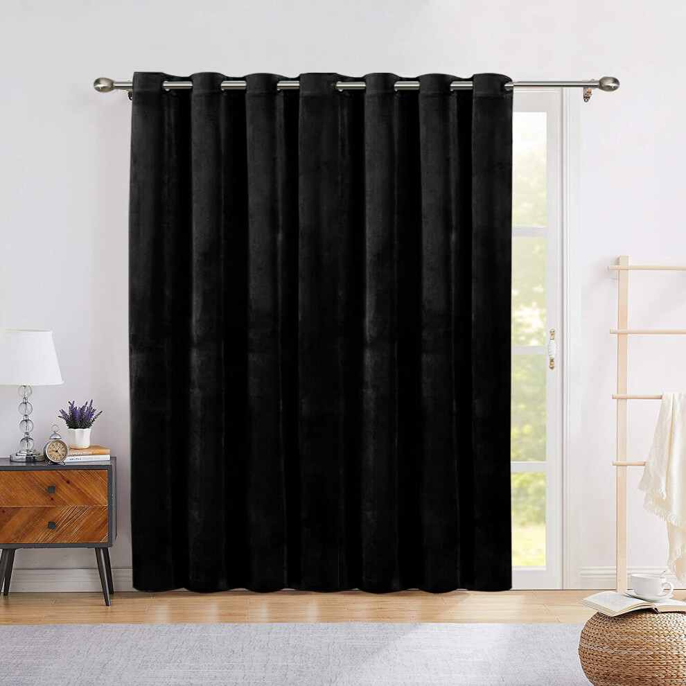 (Black, 66" Width X 84" Drop - 168cm X 213cm-(Single Panel)) Velvet Curtain Pair Eyelet Ring Top Curtains With Tie Backs