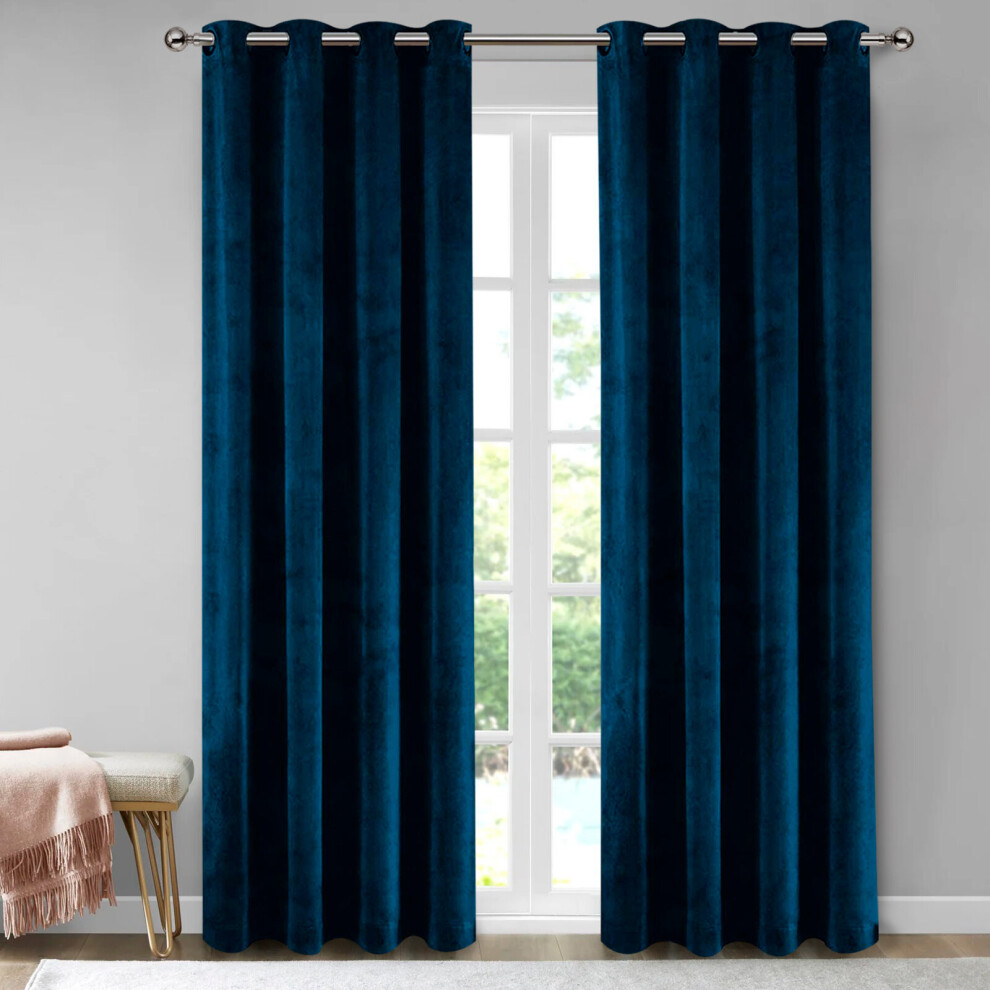 (Blue, 90" width x 90" drop - 228cm width x 228cm drop.) Velvet Curtain Pair Eyelet Ring Top Curtains with Tie Backs