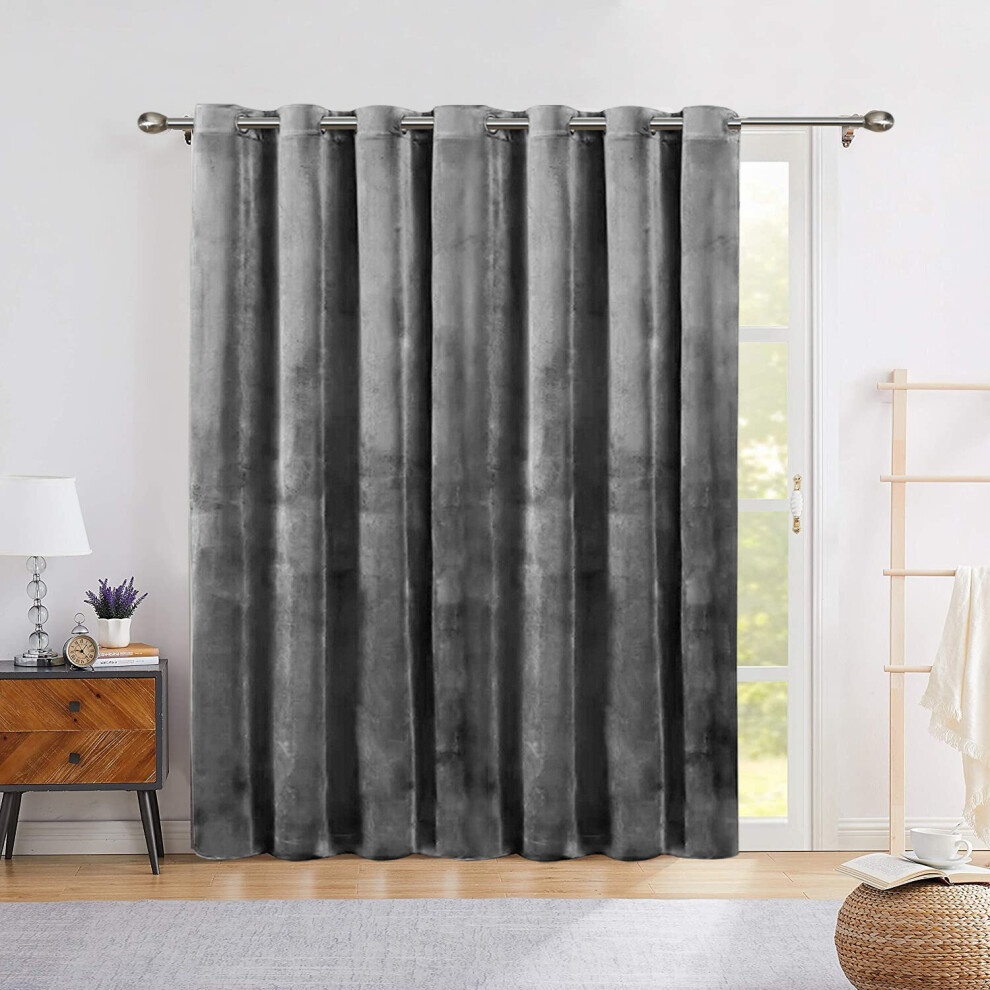 (Grey, 66" width x 84" drop - 168cm x 213cm-(Single Panel)) Velvet Curtain Pair Eyelet Ring Top Curtains with Tie Backs-image-OPC-PBWP7RM-NEW