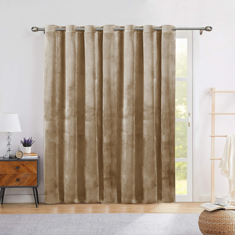 (Beige, 66" width x 84" drop - 168cm x 213cm-(Single Panel)) Velvet Curtain Pair Eyelet Ring Top Curtains with Tie Backs