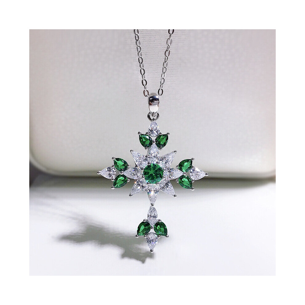 Punk Solid 925 Sterling Silver Created Moissanite Emerald Cross Pendant Necklace Vintage Jewelry For Women-image-OPC-PBWP9VF-NEW