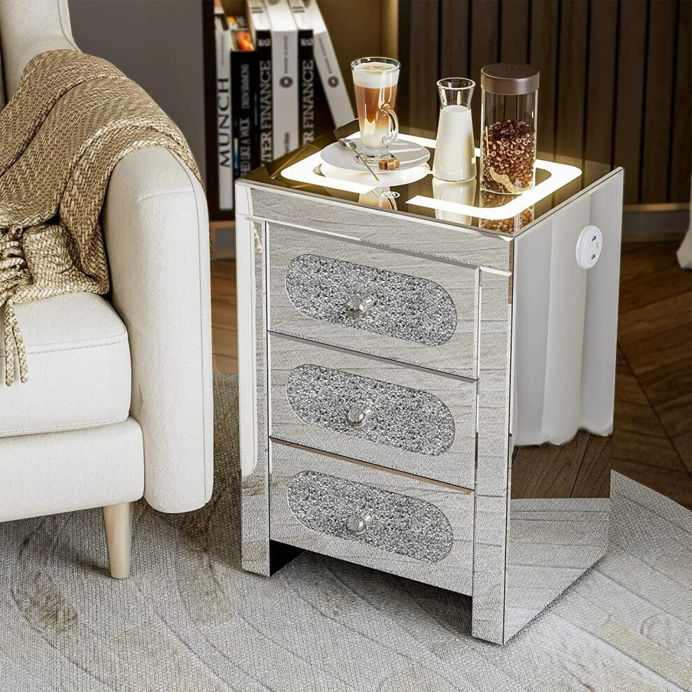 Tarlee Silver Mirrored Nightstand With Wireless Charging And Usb Output