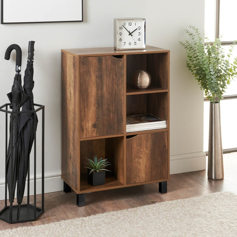 Dylex New Console Table Rustic Oak 2 Cabinet And 3 Shelves Sideboard Storage Furniture
