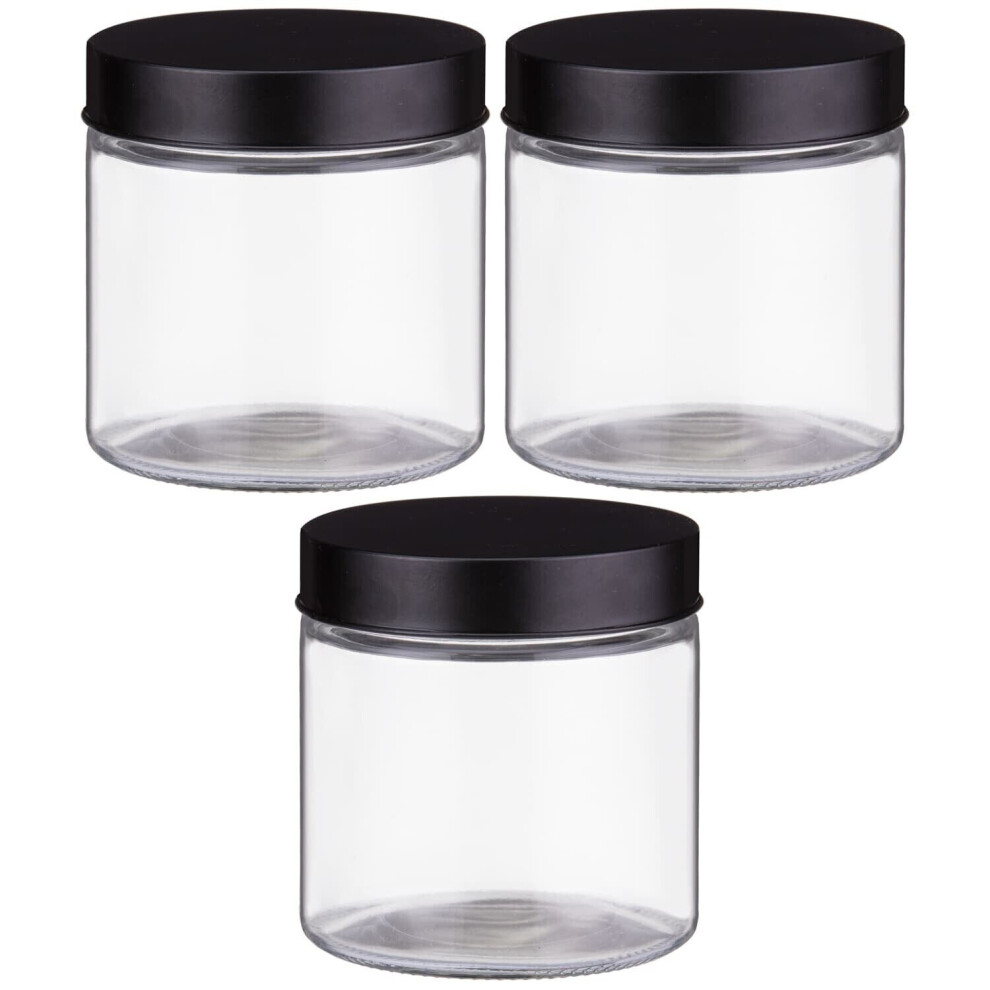 Set Of 3 Glass Tea Coffee Sugar Jars Canisters With Black Lid Kitchen Storage