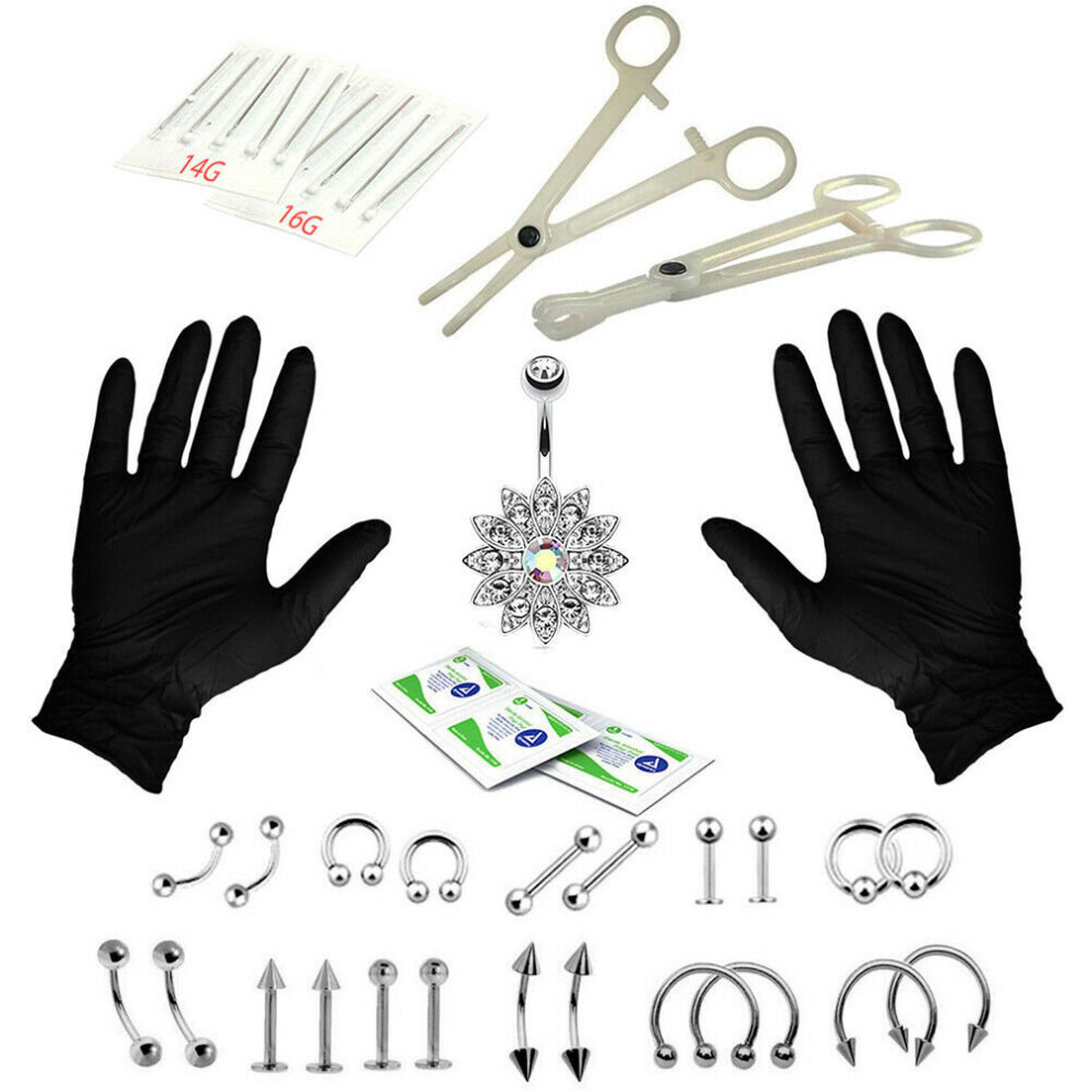 1set Professional Piercing Navel Tool Kit Stainless Steel Belly Ring Tongue Tragus Nipple Lip Eyebrow Nose Body Jewelry