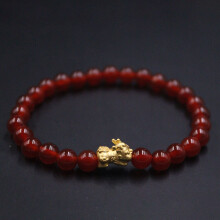 999 Real 24K Yellow 3D Pixiu Baby with Red Agate Beads Link Bracelet / Gift