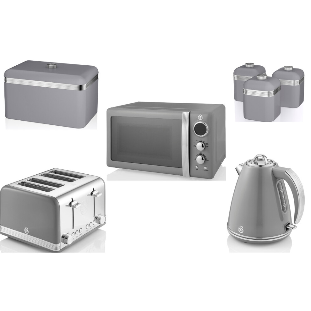 SWAN Retro Grey Kettle 4 Slice Toaster Microwave Breadbin Canisters
