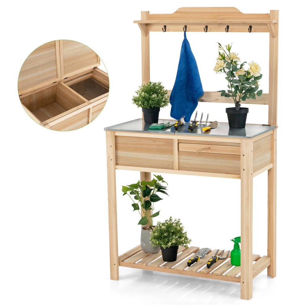 Outdoor Planting Table Wooden Potting Bench w/ Flip-open Tabletop