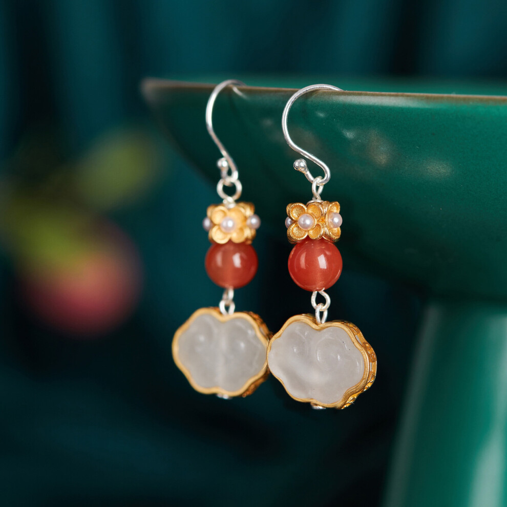 Real S925 Sterling Silver South Red Bead Earrings Petal Shape Fashionable Temperament Earrings Womens Jewelry-image-OPC-PBWQ9TH-NEW