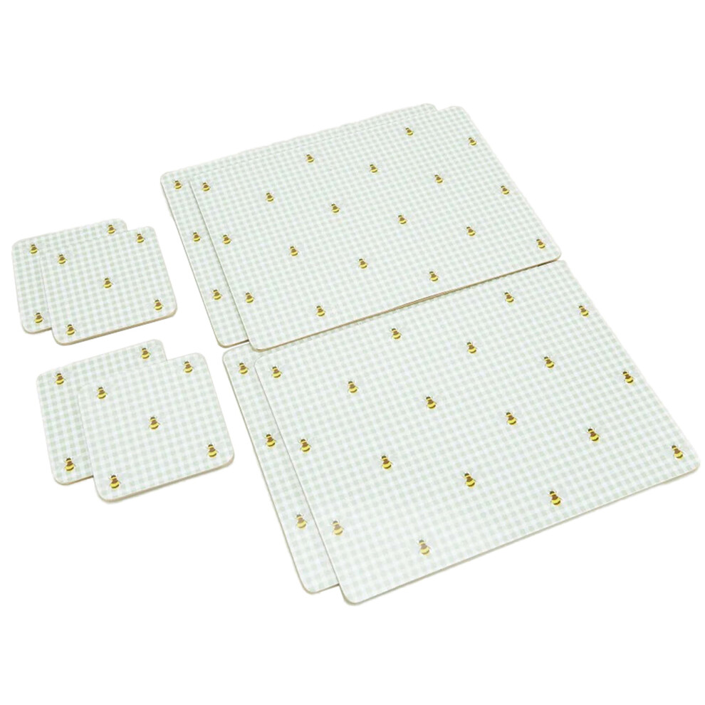 AAMEN 8 Pack Green Bee Gingham Print Placemat & Coaster Set For Dining Table
