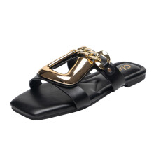 Big Size Indoor Home Slippers Metal Chain Decoration Summer Women Flip Flops Ladies Outside Beach Slides Female Shoes