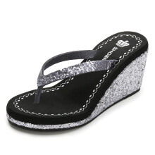 Summer Sequin Decoration Ladies Flip-Flops Muffin Slope TPR Comfortable Vacation Sandals High Heel Slippers Women