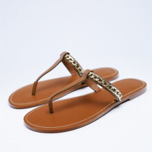 TRAF Flip Flops Slippers Women Pu Leather Flats Sandals Beach Slipper with Chain Lady Casual Flat Shoes