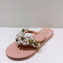 Summer Women Slipper String Bead Decorated Flat Heel Flip Flop Outdoor Beach Slides Slip On Open Toe Sandals