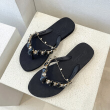 Women Comfortable Beach Shoes Non-slip Soft Bottom Casual Flip Flops Rhinestone Chain Decoration Summer Flat Slippers qt316