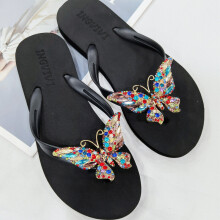 Summer Women Shoes Rhinestone Glass Butterfly Buckle Slippers Female Flat Beach Flip Flops Sandals qt541