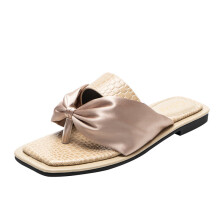 Womens Flip Flops Summer Ladies Shoes Suqare Toe Four Ribbon Bowknot Flat-bottomed Outside Sweet Woman Slippers