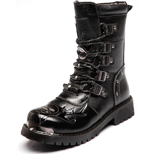 Punk Rocker Boots Men Retro Men Motorcycle Boots Mid-Calf Punk Rock Shoes Mens PU Leather ...