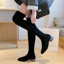 Women Stretch Sock Long Tight High Boots Glitter Square Low Heels Fetish Over The Knee Boots Stripper Winter Gray Shoes