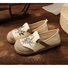 (Beige-8.5) Women Patchwork Canvas Linen Loafers Ladies Casual Slip On Sneakers Embroidered Flat Espadrilles Hemp Shoes