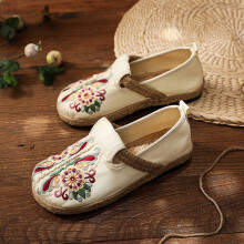 (Beige-6) Retro Women Loafers Ladies Embroidered Espadrilles Spring Summer Comfortable Slip-on Flat Sneakers Shoes