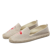 (1 Beige-5) Embroidery Sewing hemp canvas shoes woman moccasins slip on fisherman flamingo/watermelon/cherry/eyes espadrilles flat wowen2020