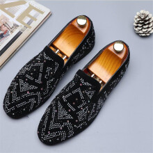 (Black-14) Mens Glitter Party Wedding Shoes Mens Casual Flats Man Suede Leather Rhinestones Loafers Moccasins