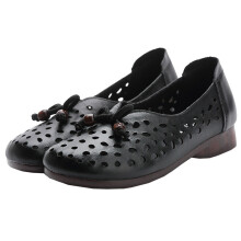 (Black-41) DikoDumter Women Round Head Hollow Hole Shoes Lady Leather Soft Sole Boat Shoes