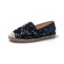 (Black-6) Colorful paillette hemp knitted fishermans shoes women slip on cane cover toe moccasins glitter bling straw espadrilles loafers