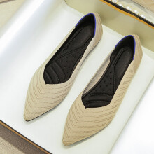 (Beige-5) Pointed Boat Shoes Women Stretch Knitted Ballet Flats Mesh Loafers Driving Sneaker Soft Rubber Sole Dress Shoes Plus Size