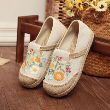 (Beige-36) Women Patchwork Canvas Linen Loafers Ladies Casual Slip on Sneakers Embroidered Flat Espadrilles Hemp Shoes