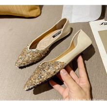 (apricot Beige-10) Paillette Knitting sneaker shoes women bling ballerina woman flats espadrilles loafers pointed toe glitter moccasins big size 43