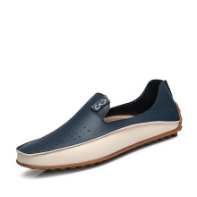 (blue punching 01 Blue-42 8.5) Susugrace Men Leather Casual Loafers Summer Flats Slip-on Breathable Moccasins Hombres Autumn Soft Drive Shoes Outdoor Size 47