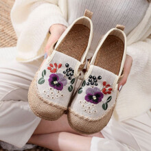 (Beige-8.5) Flower Embroidered Women Linen Cotton Slip On Espadrilles Loafers Comfortable Sneakers Casual Walking Shoes