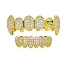 Silver Hip Hop Fang Teeth Caps Cubic Zirconia Top & Bottom Clown Skull Grills Set