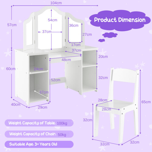 Casart Kids Vanity Set w/ Dressing Table & Chair Tri-Folding Mirror 4 Storage 1