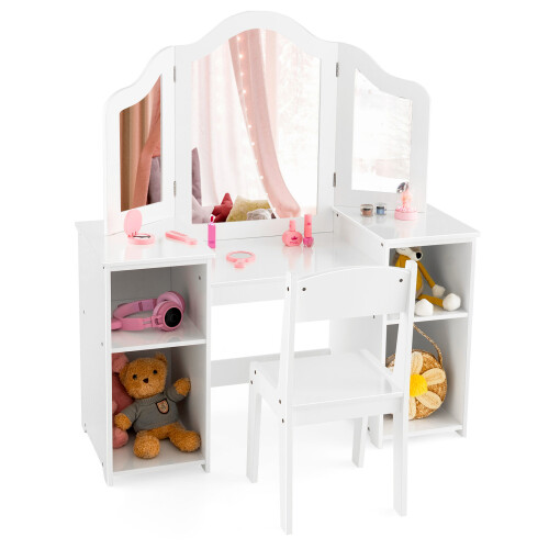 Casart Kids Vanity Set w/ Dressing Table & Chair Tri-Folding Mirror 4 Storage