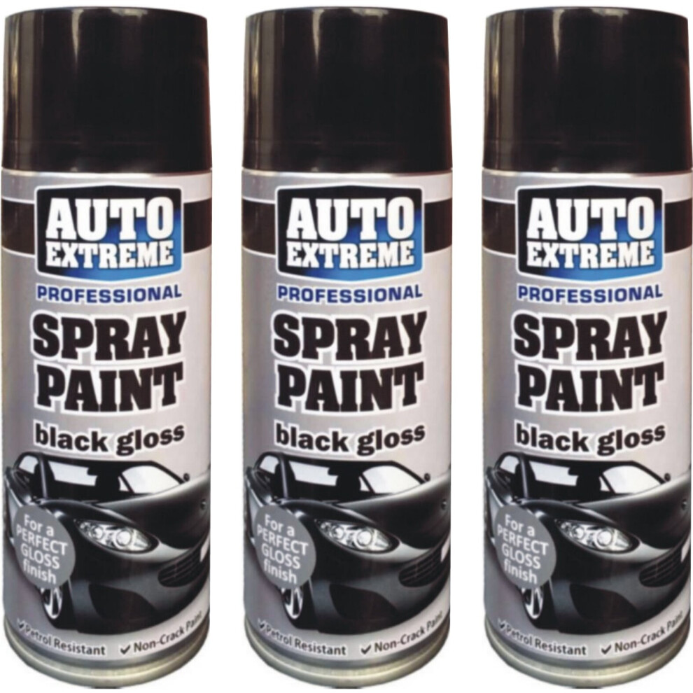 3 x 400ML Black Spray Paint Gloss Finish for All Purpose Non Crack