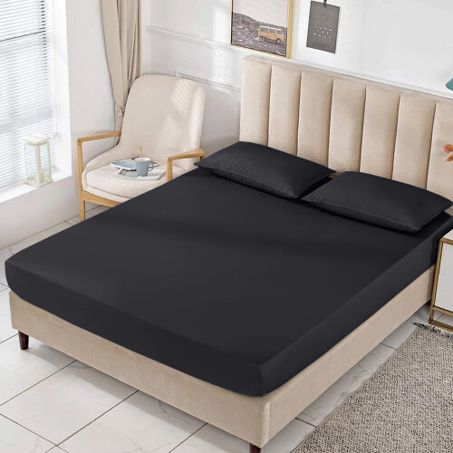 (Single (91 x 190 cm), Black) Bed Fitted Sheets Single Double King Super King UK 1