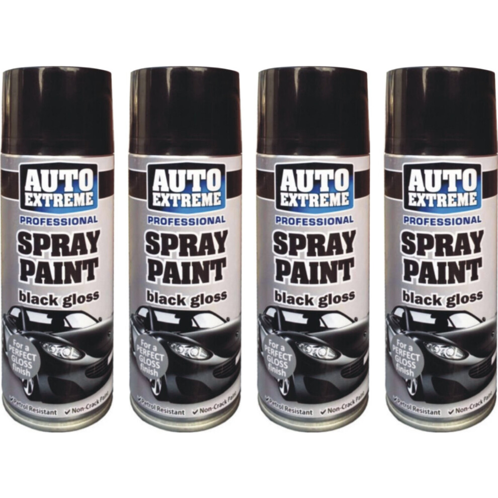 4 x 400ML Black Spray Paint Gloss Finish for All Purpose Non Crack