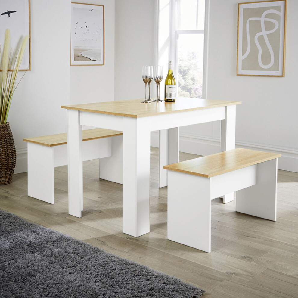 Home Source Camden Kitchen Breakfast Dining Table and Bench Set White